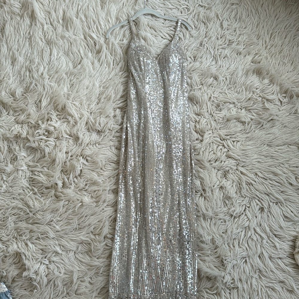 Ieena for Mac Duggal Long Silver Dress
